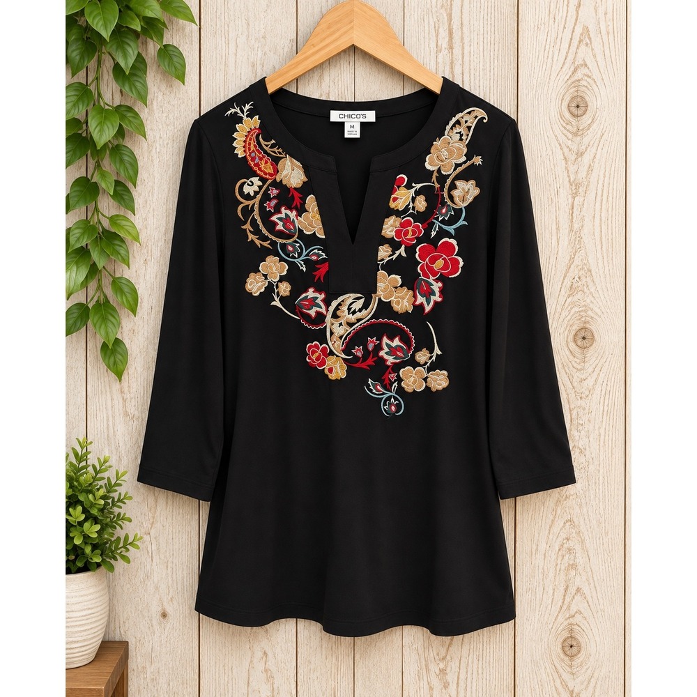Chicos Black Floral Embroidered Split V-Neck 3/4 Sleeve Tunic Top Size 2 L